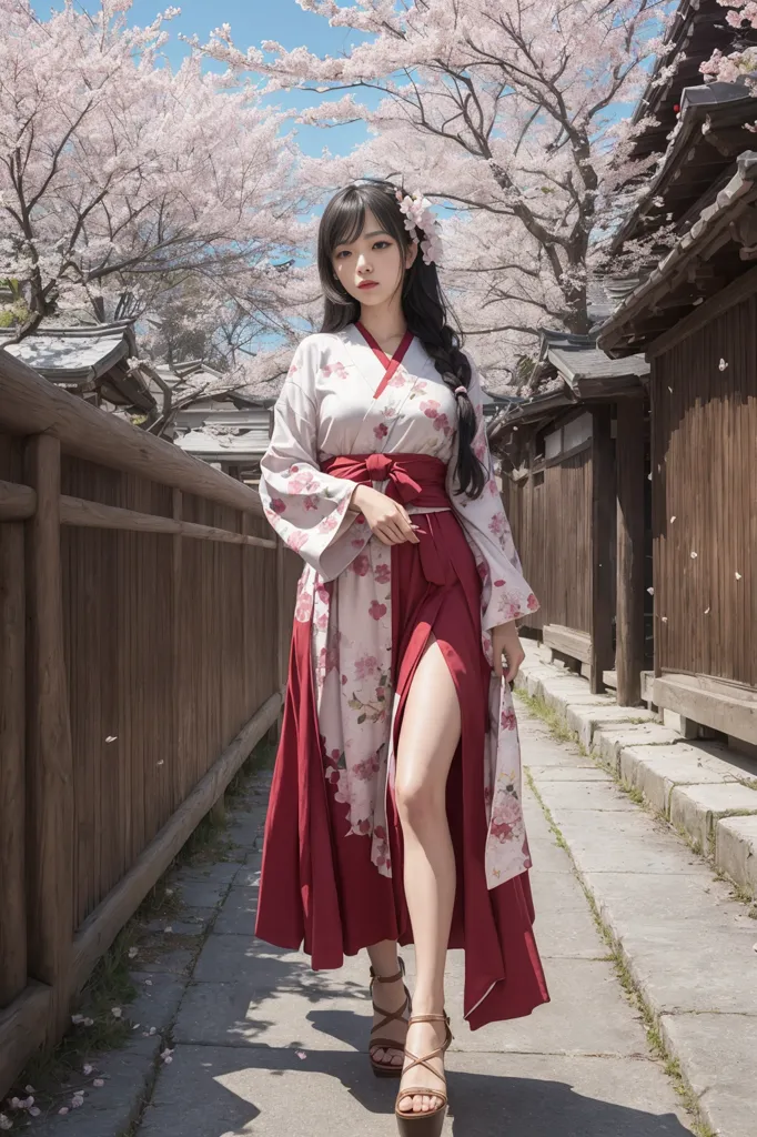 The image is of a young woman wearing a kimono. The kimono is red and white with a floral pattern. The woman is also wearing a white obi and has her hair in a bun. She is standing in a traditional Japanese street with cherry blossoms in the background. The cherry blossoms are pink and white. The street is made of stone and there are wooden fences on either side. The woman is wearing brown sandals.