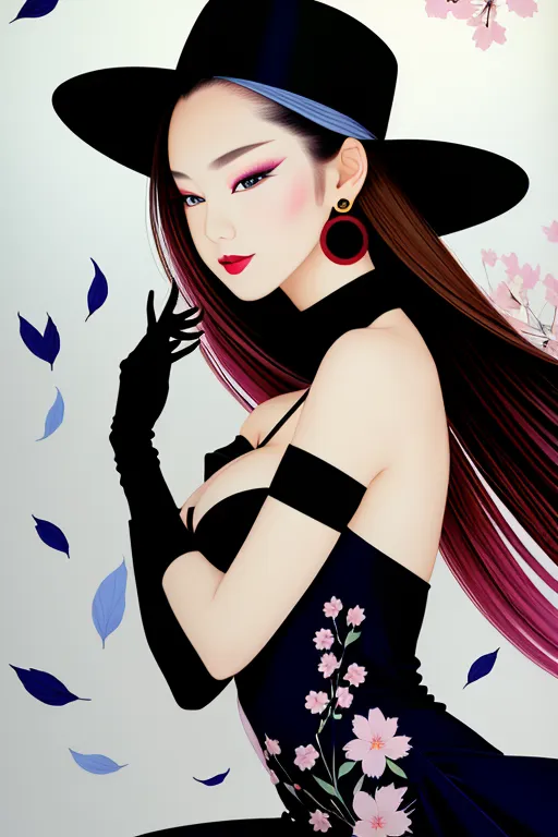 The picture shows a young woman, with long black hair, wearing a black hat and a black dress with a plunging neckline. The dress is decorated with pink and white flowers. She is also wearing black gloves and has a red earring in her left ear. She is standing in front of a white background, with some blue and green leaves falling around her.