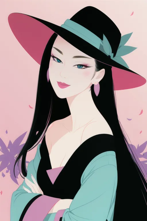 La imagen muestra a una mujer joven que lleva un kimono negro y un sombrero negro con un borde rosa. El sombrero está decorado con una cinta verde y una flor rosa. La mujer tiene el cabello negro y largo y ojos azules. Lleva pintalabios rosa y tiene una marca de belleza en la mejilla izquierda. Está de pie frente a un fondo rosa con un patrón de flores blancas y moradas.