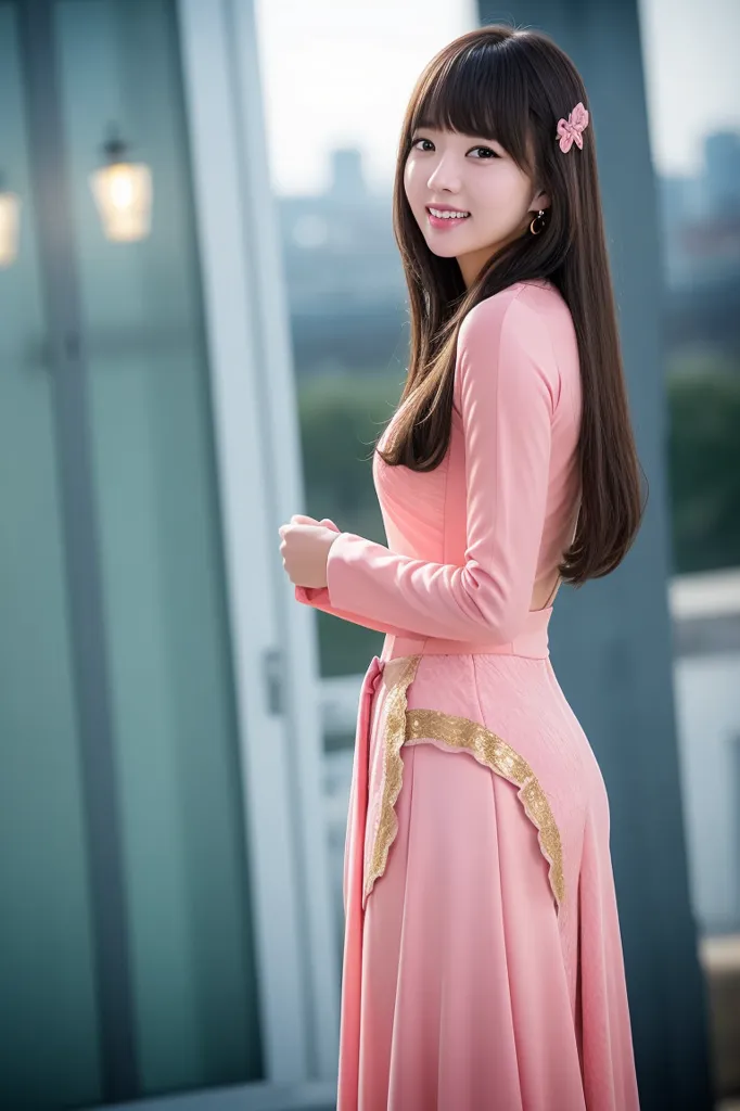 The image shows a young woman wearing a pink dress with an open back and a high collar. The dress has a gold-embroidered belt. The woman has long dark hair and a pink flower in her hair. She is smiling and looking at the camera. She is standing in front of a blue background with blurry city lights in the distance.