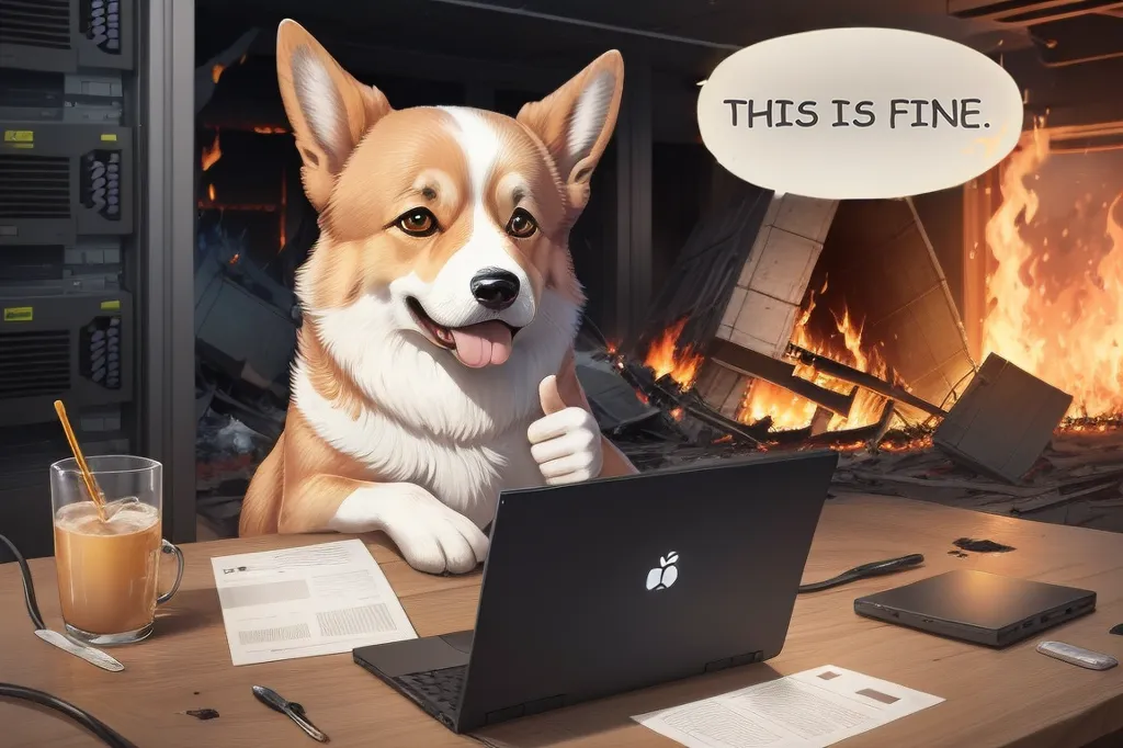 A photo of a corgi dog sitting in a ruined office space. The corgi is wearing a suit and tie and has a thumbs up. There is a laptop on the desk, a coffee cup, and some papers. The background of the photo is a burning fireplace. The corgi is saying \