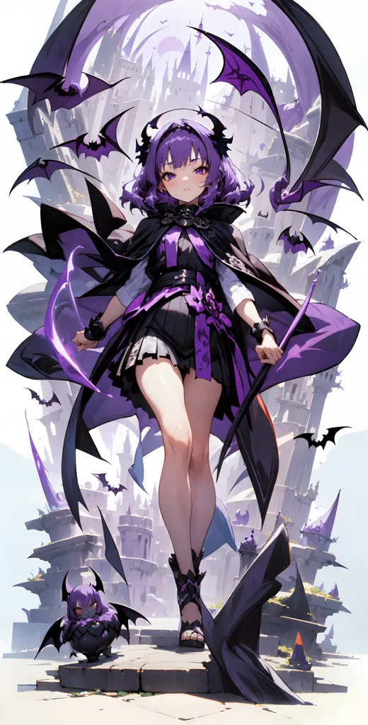 A imagem é de uma garota de anime com cabelos e olhos roxos. Ela está usando um traje preto e roxo e segura uma foice roxa na mão. Ela está em pé diante de um grande castelo com morcegos voando ao redor dela. A garota está sorrindo e tem uma expressão confiante no rosto.