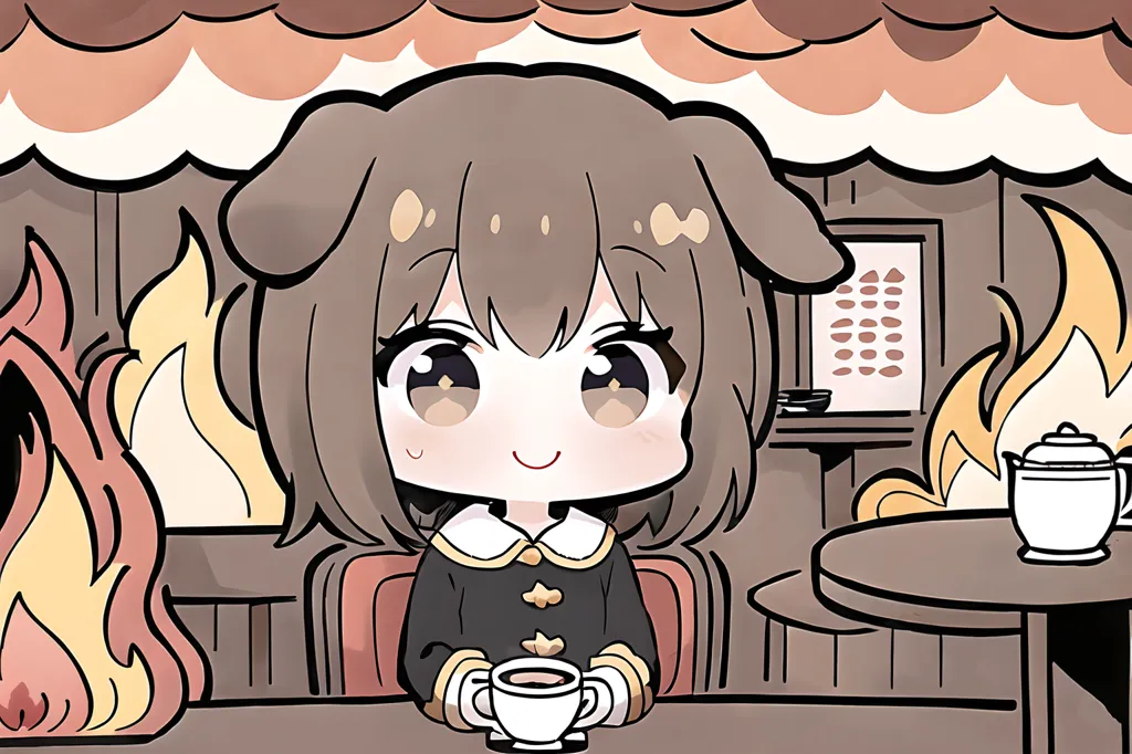 The image shows a chibi version of Anya Forger from the anime series Spy x Family. She is sitting in a cafe, drinking from a teacup. The background is a warm brown color, with a table and a menu on the right side. There is a fire on the left side of the image. Anya is smiling and has her eyes closed.