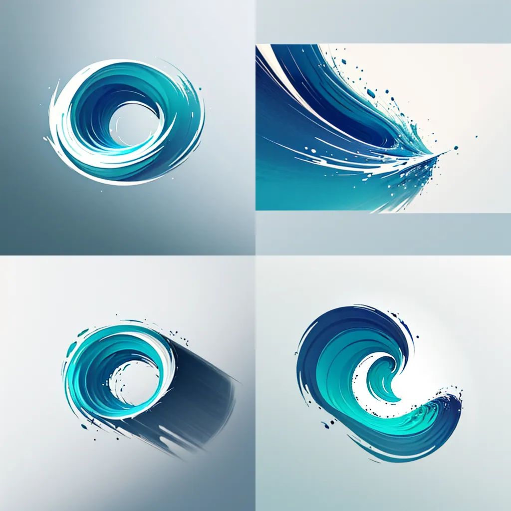 The image contains four blue and green abstract designs that appear to be waves. The top left design is a circle with a wave-like shape inside it. The top right design is a horizontal wave that appears to be splashing. The bottom left design is a circle with a wave-like shape inside it, and the bottom right design is a wave that appears to be curling.