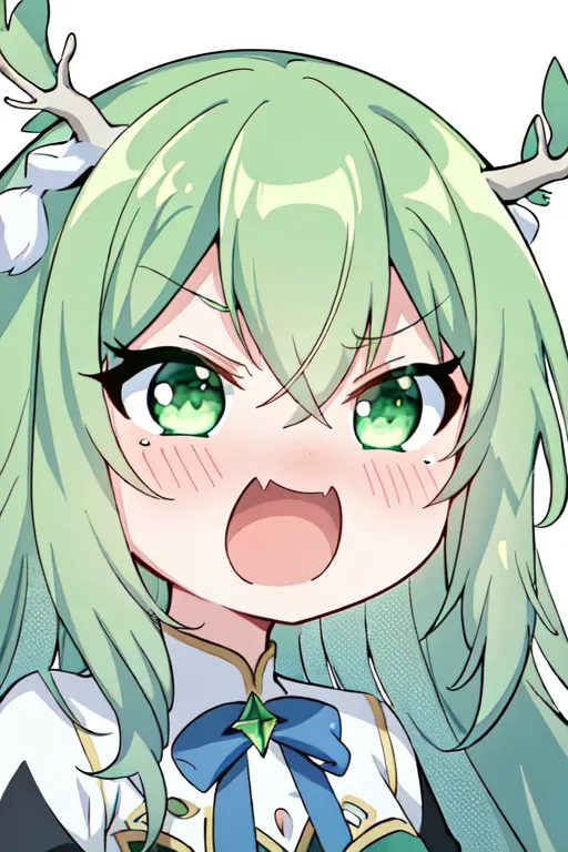 A imagem é de um personagem de estilo anime com cabelos e olhos verdes. Ela tem chifres de cervo na cabeça e está usando um traje azul e branco. Ela tem uma expressão surpresa no rosto e está abrindo a boca.