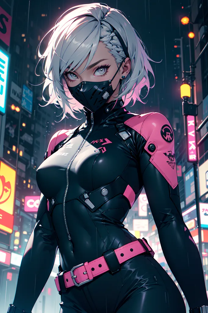 This is an image of a woman wearing a black and pink outfit. She has white hair and a mask over her mouth. She is standing in a dark place with a city in the background. There are a lot of neon lights in the city.