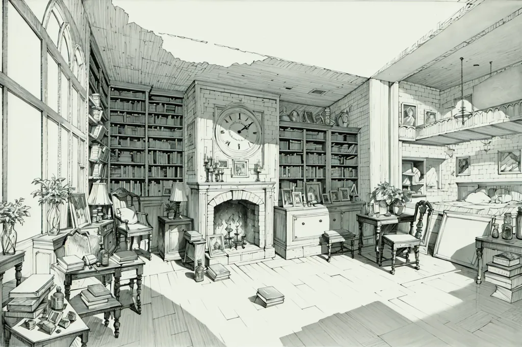 The image is a black and white sketch of a room. There is a large fireplace in the center of the room, with a clock above it. There are bookshelves on both sides of the fireplace, and a few pieces of furniture in the room, including a table, a chair, and a sofa. There is a large window in the back of the room, and a door on the left side. The room is decorated with a few paintings and plants.