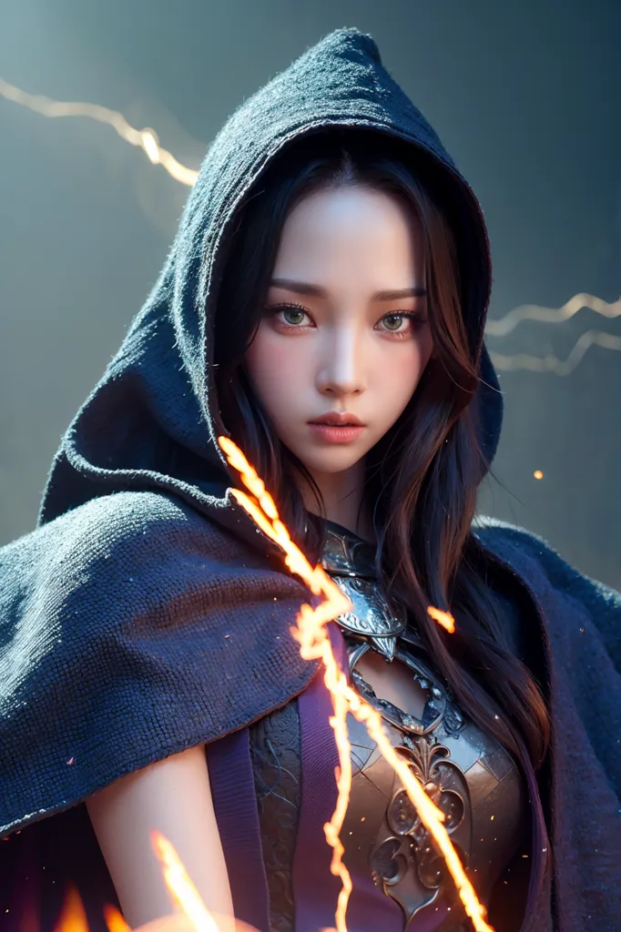 This is an image of a beautiful young woman with long black hair and green eyes. She is wearing a blue hood and a silver breastplate. She is holding a staff with a glowing yellow orb at the end of it. She is standing in front of a dark background with a stormy sky.