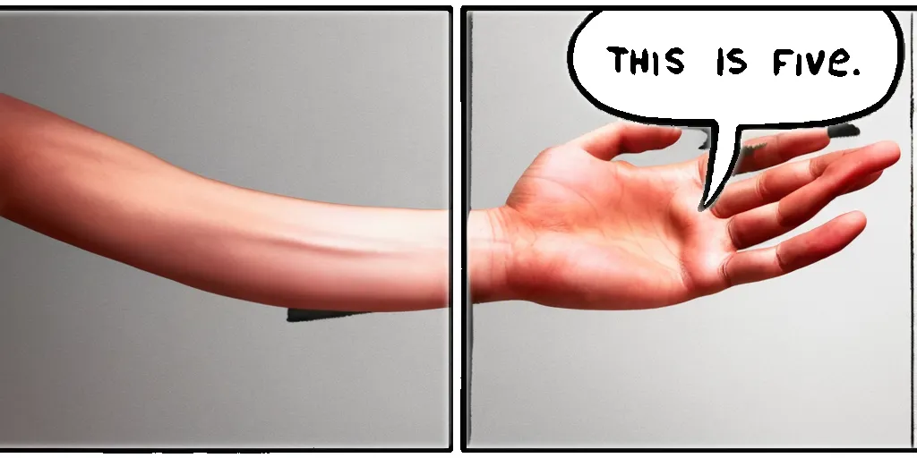 The image shows a person's arm with the hand closed. Next to it, there is a speech bubble with the text \