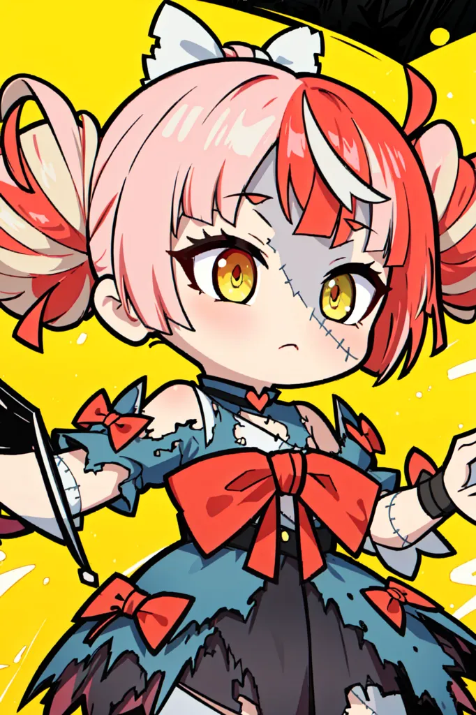 La imagen es de un personaje chibi con el pelo rosa y rojo, ojos amarillos y un lazo rojo. Lleva un vestido azul desgarrado con cuello blanco y mangas a rayas rojas y blancas. Tiene un lazo rojo grande en el pecho y un lazo rojo más pequeño en la cabeza. También lleva botas negras con cordones rojos. El personaje está de pie frente a un fondo amarillo con un borde negro alrededor de la imagen.