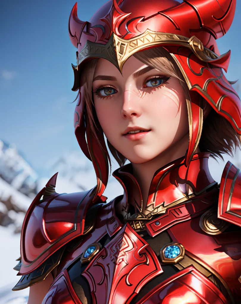 This is an image of a female warrior. She is wearing red armor and a helmet with horns. The armor has gold trim and blue gems. She has light brown hair and blue eyes. She is standing in a snowy landscape.