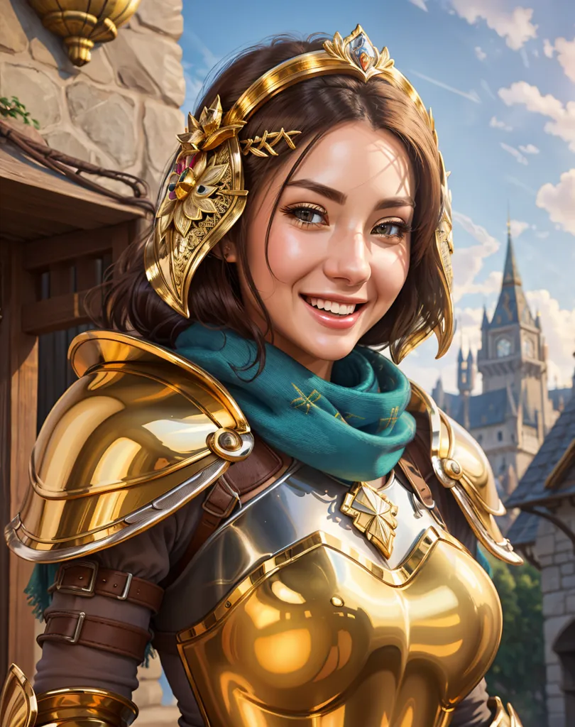 This is an image of a young woman who appears to be a warrior or adventurer. She is wearing a golden breastplate and a green scarf around her neck. She has a friendly smile on her face and is looking at the viewer. She is standing in front of a stone building with a large clock tower in the background.