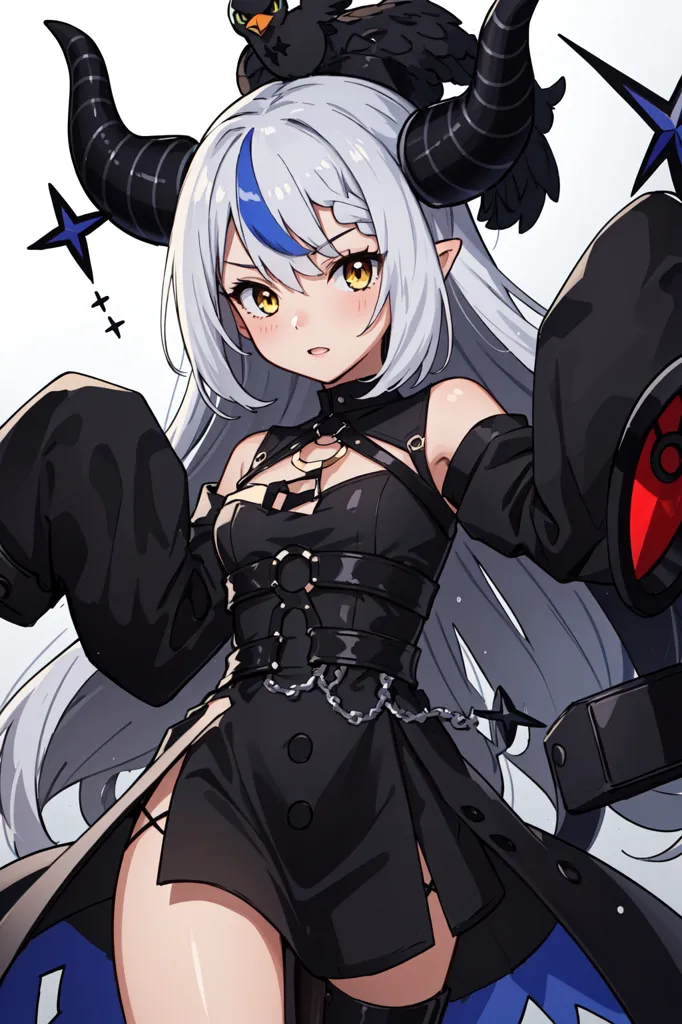 The image is of a young woman with white hair and black horns. She is wearing a black dress with blue and red accents. She has a black choker with a chain and a black belt with a chain. She is also wearing black gloves and black boots. She has yellow eyes with star-shaped pupils. There is a small black bird perched on her head. She is standing in front of a white background with a blue starburst pattern.