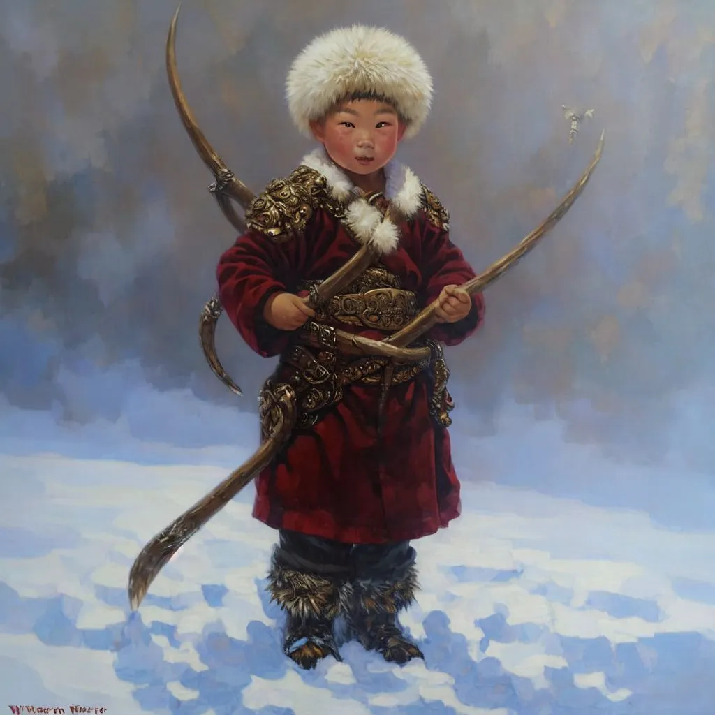 This is a painting of a young boy in traditional Mongolian clothing. He is wearing a red robe with a fur-lined collar and a fur hat. He is also wearing a quiver of arrows and a bow. The boy is standing in a snowy landscape and is holding the bow and arrow in his hands. He has a determined look on his face and seems to be ready to shoot the arrow. The painting is done in a realistic style and the boy's expression is captured in great detail.