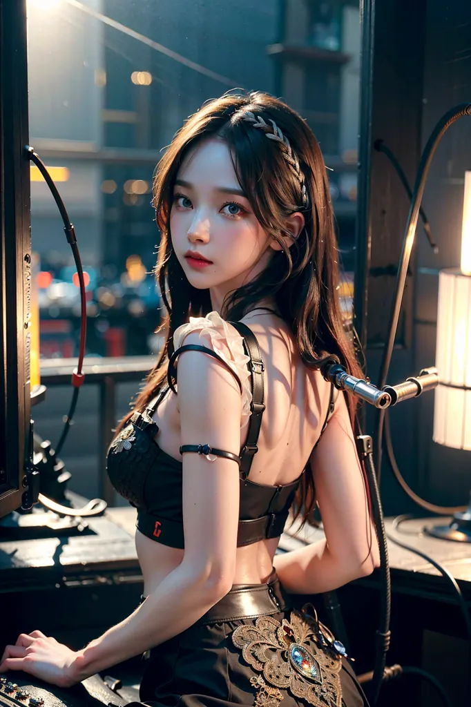 The picture shows a young woman standing in front of a machine. She is wearing a black corset and a pair of black pants. She has long brown hair and blue eyes. She is looking at the camera with a serious expression. There are many steampunk accessories on her clothes.