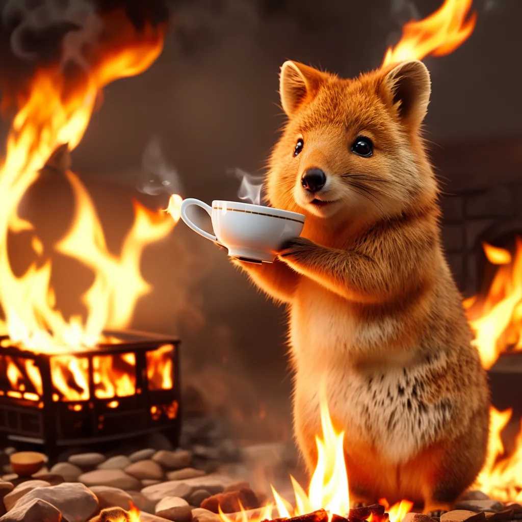 A quokka is sitting on a pile of rocks in front of a fire holding a teacup with both paws. The quokka has a curious expression on its face. The fire is bright and there are flames all around the quokka. The quokka is not concerned about the fire. The quokka is enjoying a cup of tea.