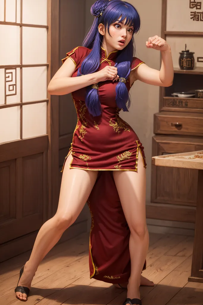 L'image représente une jeune femme portant un cheongsam rouge, avec des cheveux bleus et des yeux bruns. Elle est dans une posture de combat, les poings levés. L'arrière-plan montre un restaurant chinois traditionnel avec du mobilier et des décorations en bois.