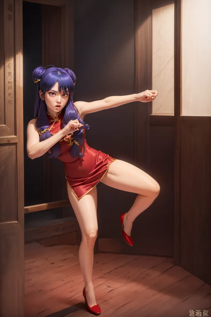 The image shows a young woman in a red cheongsam dress with purple hair in a bun. She is standing in a fighting stance with her left leg raised and her right arm extended. She is wearing red high heels and there is a wooden door behind her.