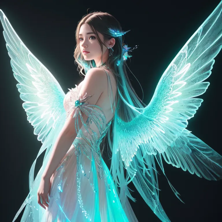 The image is of a beautiful woman with long, flowing hair and blue-green wings. She is wearing a white dress with a blue-green sash. The woman is standing in front of a dark background, and she is looking over her shoulder at the viewer. The image is very detailed, and the woman's skin is flawless. The woman's wings are outstretched, and they are a light blue-green color. The tips of the wings are a darker blue-green color. The woman's hair is long and brown, and it is flowing down her back. The woman's eyes are a light blue color, and they are looking at the viewer. The woman's lips are slightly parted, and she has a soft smile on her face. The image is very beautiful, and it is clear that the artist put a lot of time and effort into creating it.