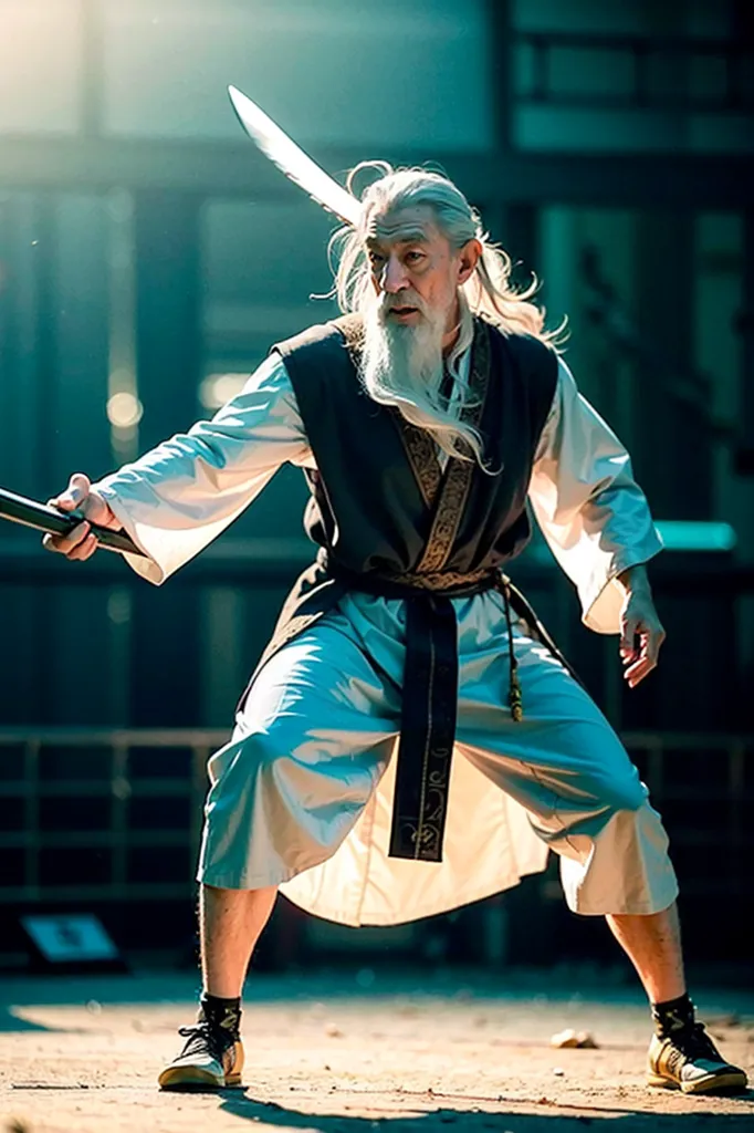 The image shows an old man with long white hair and a beard, dressed in a white and gray kung fu outfit. He is standing in a fighting stance, holding a sword in his right hand. He is wearing sneakers on his feet. The background is a blur of blue and green.