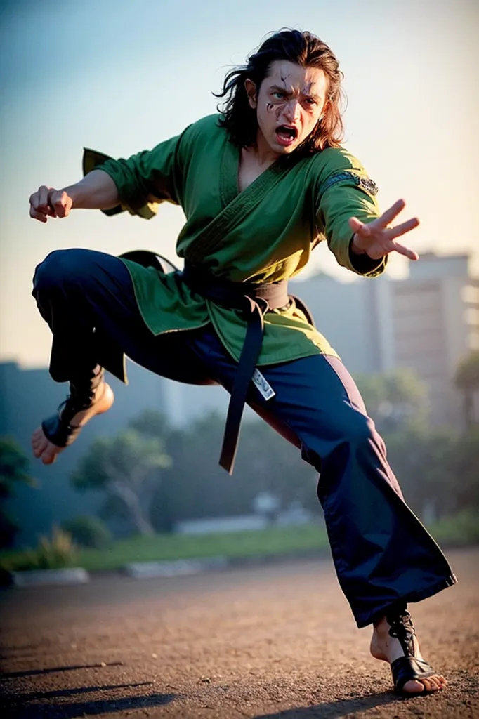 La imagen muestra a un hombre con un uniforme de artes marciales verde realizando una patada lateral voladora. Tiene el cabello largo y castaño, un cinturón negro y está descalzo. El fondo está desenfocado, con un atisbo de cielo azul y edificios a lo lejos. El rostro del hombre está contraído en una expresión feroz y parece estar gritando.