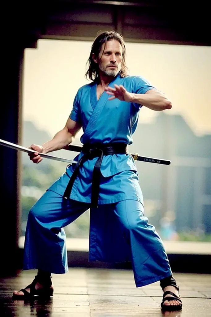 A imagem mostra um homem vestindo um uniforme azul de artes marciais. Ele está descalço e tem o cabelo preso. Ele está segurando uma espada na mão direita e está em posição de luta. O fundo está desfocado, mas parece que ele está em um dojo.