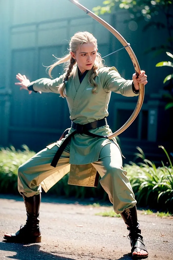 The image shows a young woman dressed in a green tunic and brown boots. She is standing with her feet shoulder-width apart, her left foot slightly forward. Her right hand is drawing back a bowstring, and her left hand is holding the arrow. She is looking at her target with a determined expression. Her hair is long and blond, and she is wearing a green headband. She is also wearing a brown belt. The background is blurred, but it looks like she is in a forest.