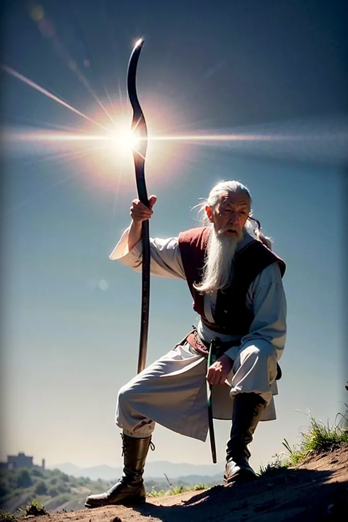 La imagen muestra a un hombre mayor con el cabello blanco largo y una barba blanca larga. Está usando una bata blanca con un chaleco marrón. Sostiene un bastón de madera largo en su mano derecha. Está parado en la cima de una colina con un sol brillante detrás de él. Está mirando hacia abajo al espectador con una expresión severa.