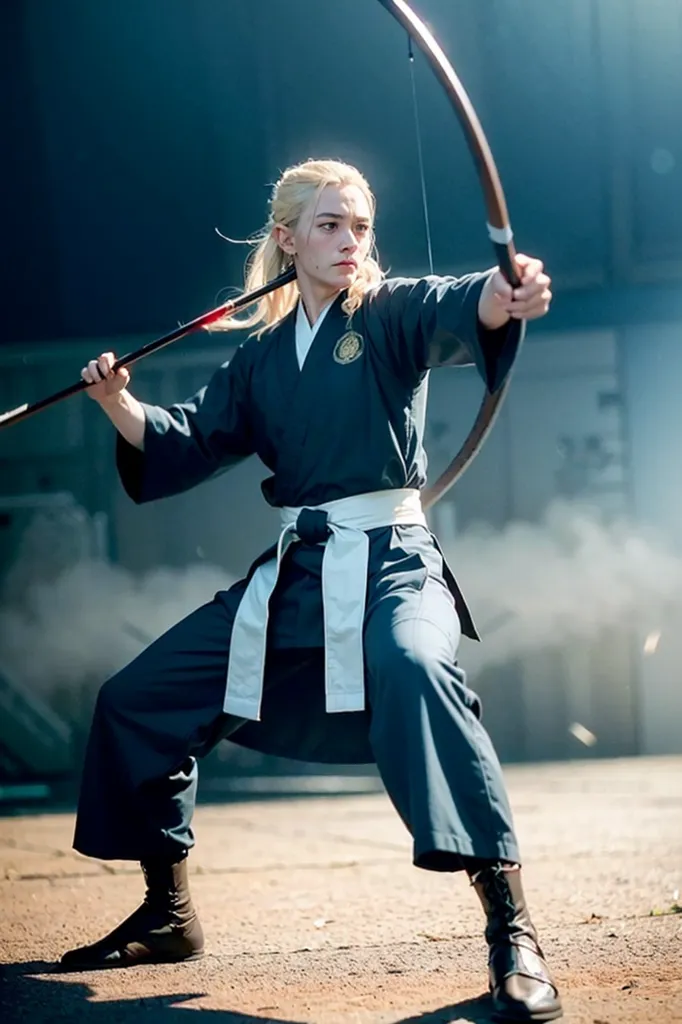 The image shows a person in a blue martial arts outfit, with their right hand drawing an arrow on a bow. They have long blond hair and are wearing a white belt and black boots. They are standing with their feet shoulder-width apart and their knees slightly bent. Their head is turned to the right and they are looking at the arrow. The background is dark and out of focus.