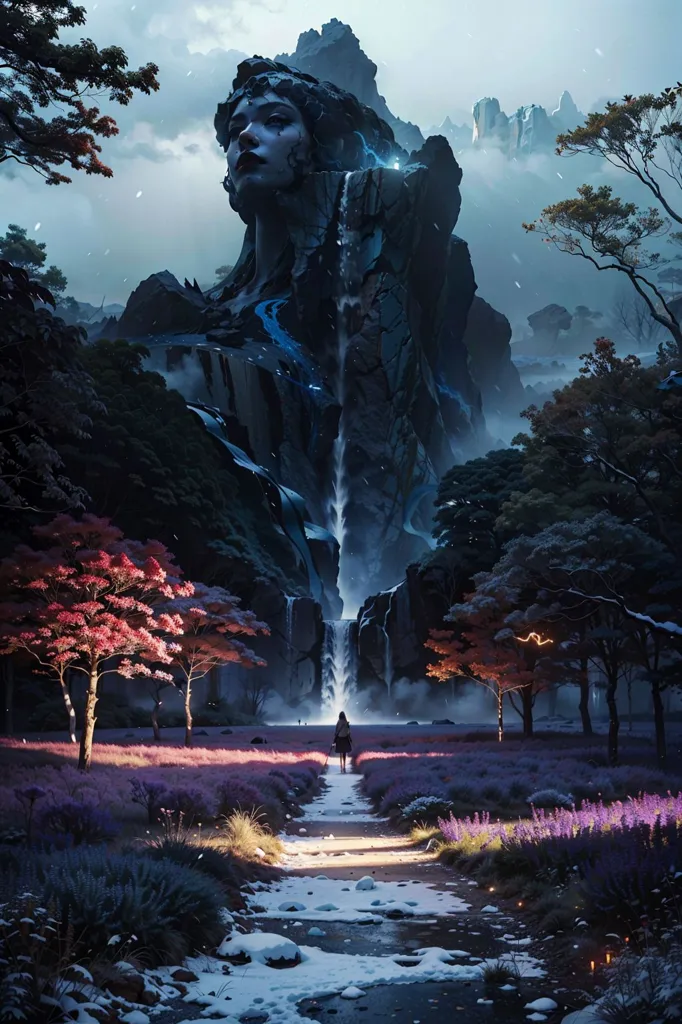 The image is a beautiful landscape with a waterfall. The waterfall is in the middle of the image, and it is surrounded by trees and flowers. There is a path leading up to the waterfall, and there is a person standing on the path. The person is looking at the waterfall. The waterfall is very tall, and it is made of blue water. The trees are very tall, and they have pink leaves. The flowers are purple, and they are blooming all over the ground. The path is made of white stone, and it is very narrow. The person is wearing a white dress, and they have long brown hair. They are carrying a staff in their hand. The image is very peaceful and serene, and it is a beautiful example of nature's beauty.