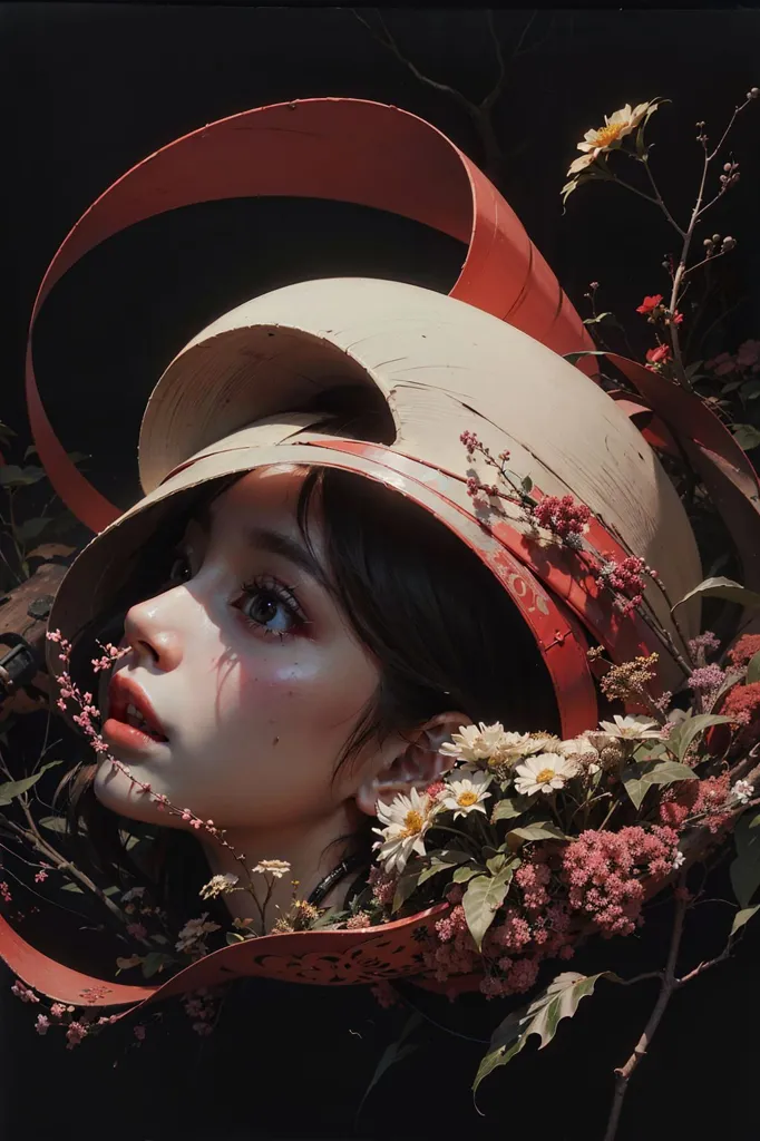 This is an image of a young woman wearing a strange hat made of metal and flowers. The hat is shaped like a large snail shell and is painted white and red. The woman's hair is dark brown and her eyes are light blue. She is wearing a light shade of pink blush and lipstick. There are several small flowers and green leaves attached to the hat, and a larger white flower is resting on her shoulder. The background is dark and there is a single white flower in the top right corner.