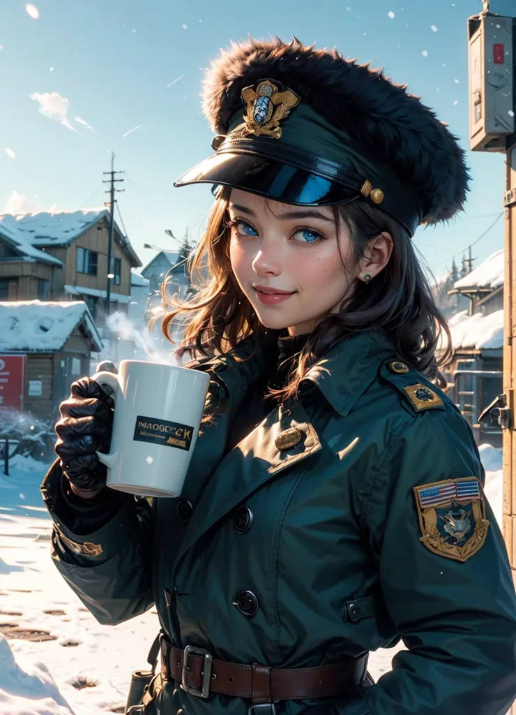 Esta é uma imagem de uma jovem mulher usando um casaco verde de estilo militar e um chapéu de pele com um emblema nele. Ela também está usando um cinto e luvas marrons. A mulher está em pé em uma vila nevada e está segurando uma xícara de café com as palavras \