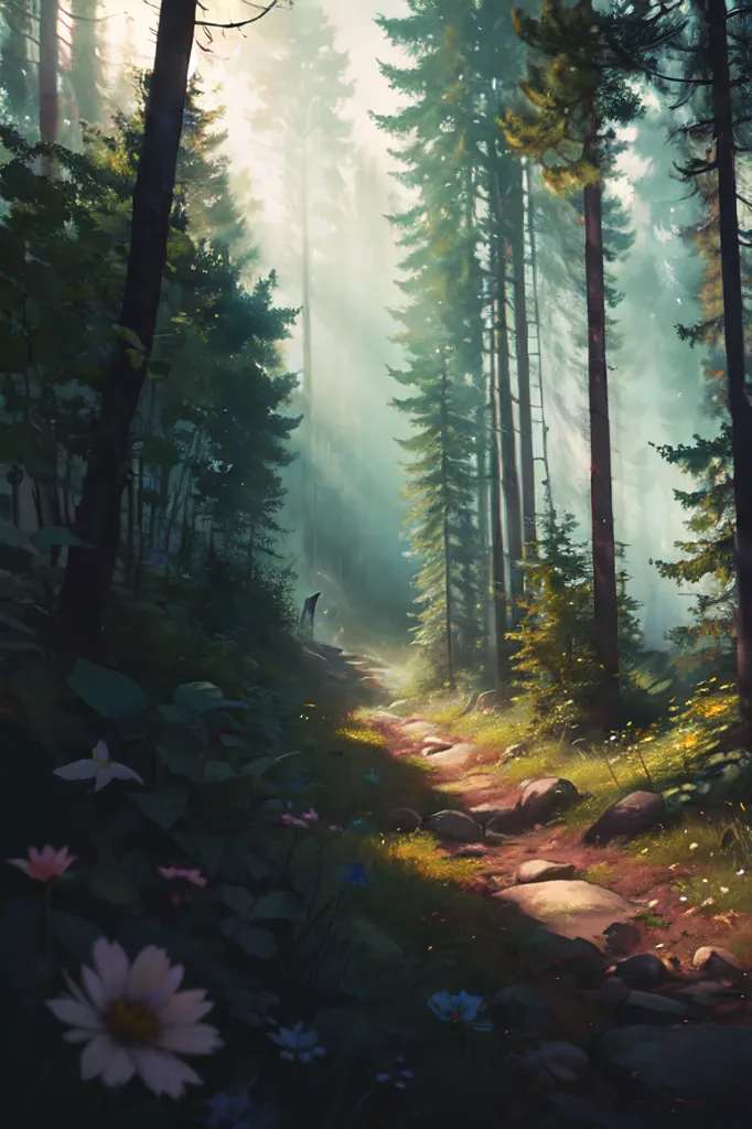 The image is a digital painting of a forest. The forest is made up of tall, straight trees with green leaves. The trees are so tall that they block out the sun, creating a dark and shadowy atmosphere. The ground is covered in a thick layer of leaves and moss. There is a small path winding through the forest. The path is made of dirt and stones. There are a few flowers growing along the path. The only light in the forest comes from a few small rays of sunlight shining through the trees. The forest is silent and still. The only sound is the occasional rustle of leaves as a small animal scurries by.