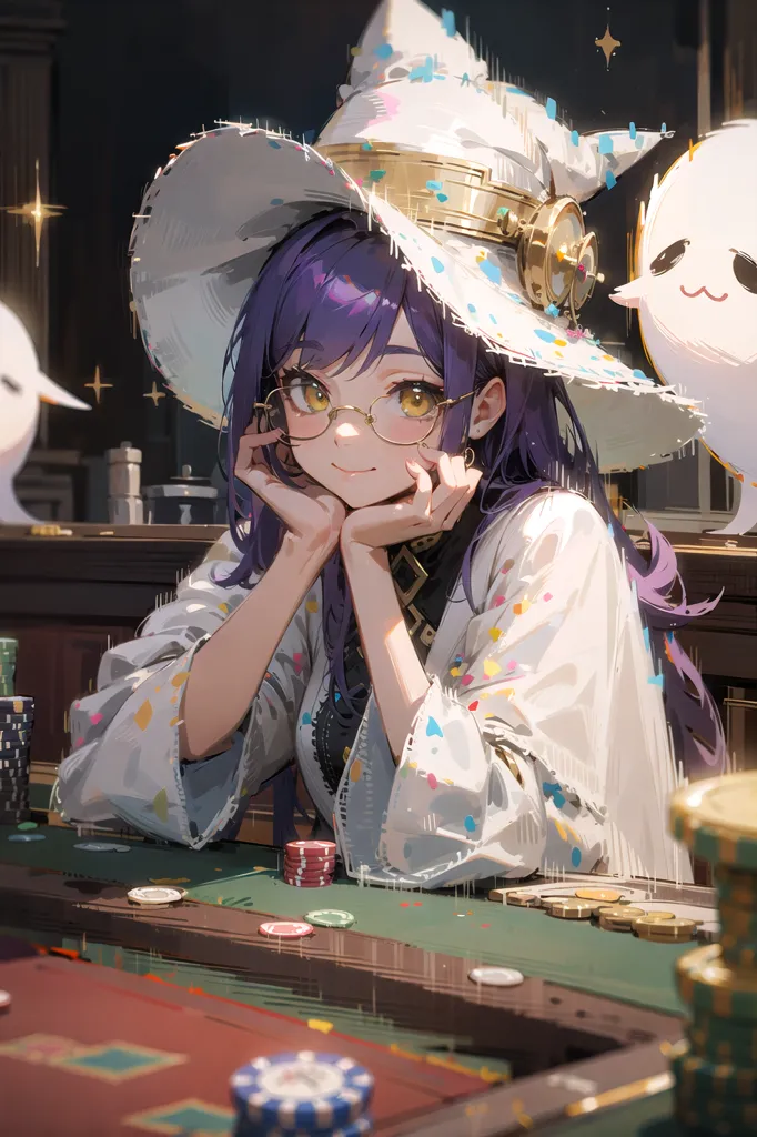 A imagem mostra uma garota em estilo anime com cabelos roxos e olhos amarelos. Ela está usando um chapéu branco e roxo e um vestido branco com detalhes roxos e azuis. Ela está sentada em uma mesa com um tampo verde e há fichas de pôquer sobre a mesa. Há também dois pequenos fantasmas flutuando ao seu lado, um em seu ombro e outro perto de sua cabeça.