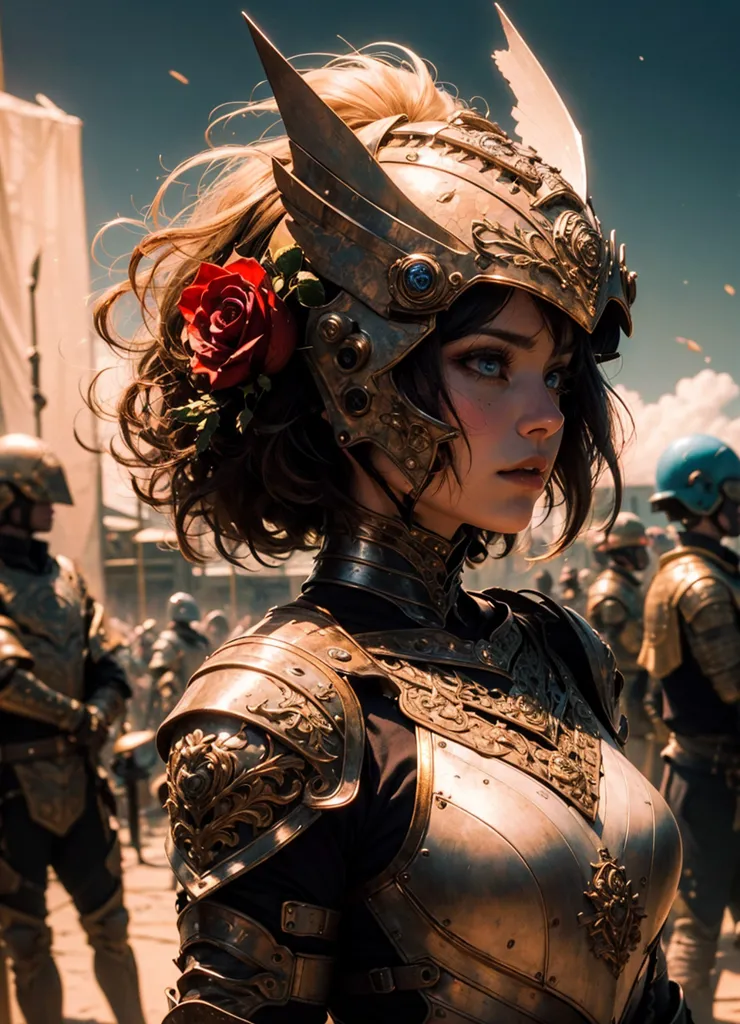 Ceci est une image d'une jeune femme portant une armure. L'armure est dorée et a des motifs complexes. Elle porte également une rose rouge dans ses cheveux. La femme a de longs cheveux bruns et des yeux bleus. Elle se tient sur un champ de bataille, et il y a d'autres soldats à l'arrière-plan.