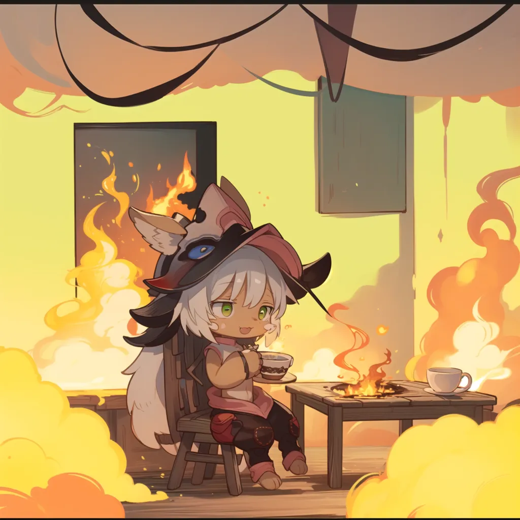 The image shows a small child sitting on a chair in a burning room. The child is wearing a hat with a fox-like face on it and has fluffy white hair. The child is holding a teacup and seems to be enjoying the fire. The room is full of smoke and flames, but the child doesn't seem to be bothered by it.