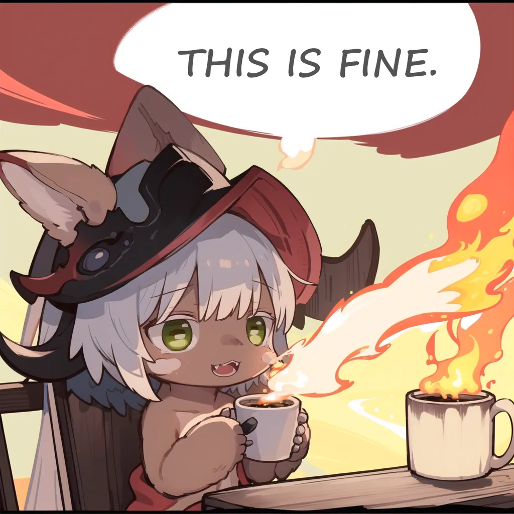 La imagen es un meme de un personaje del anime "Made in Abyss" sentado en una silla y bebiendo de una taza con un globo de diálogo que dice "Esto está bien" mientras hay un incendio en el fondo.