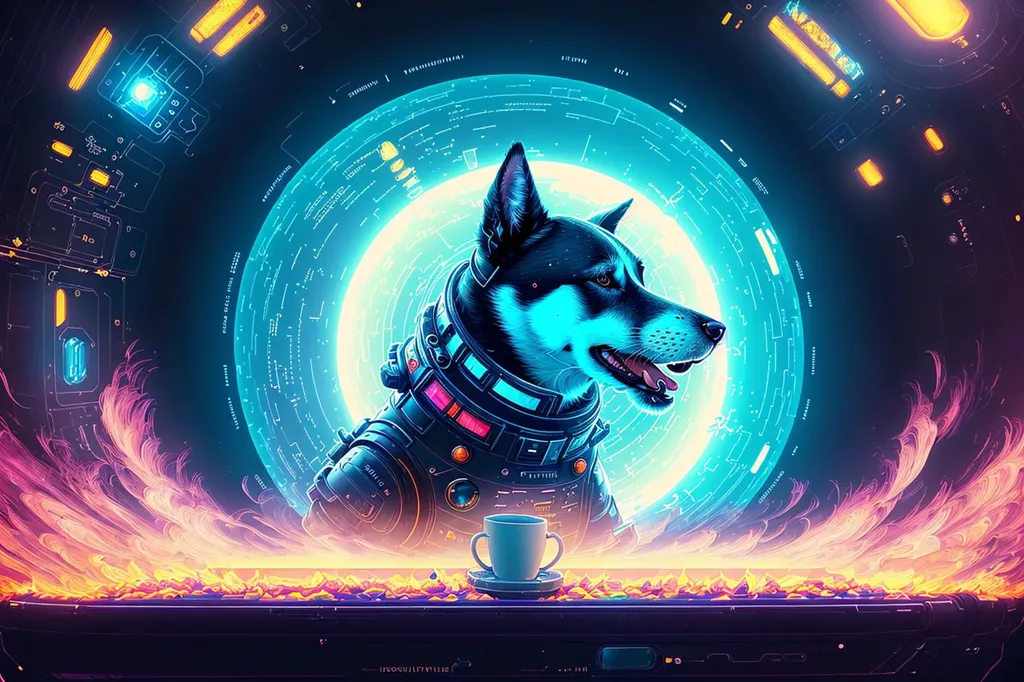 The image shows a dog in a spacesuit sitting in front of a control panel. The dog is wearing a helmet with a visor, and there are various buttons and switches on the control panel. The background is a dark blue color, and there are several lights and other objects in the background. The dog is holding a teacup in its paw.