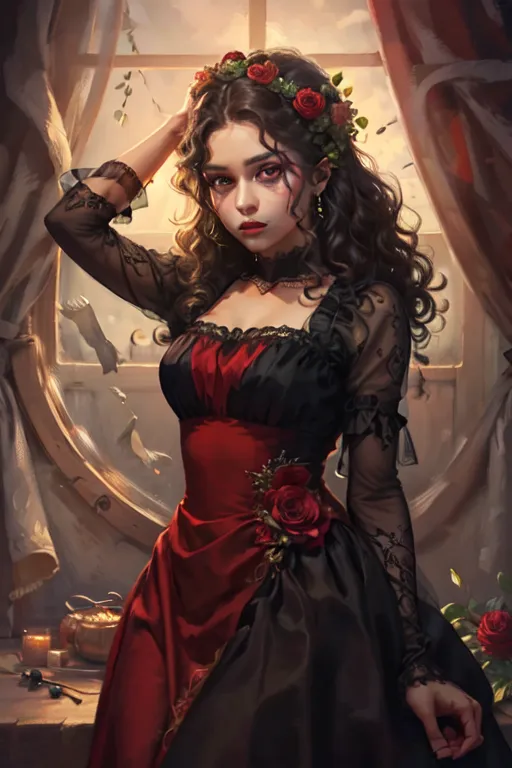 The image shows a woman with long brown hair and brown eyes. She is wearing a black and red dress with a sweetheart neckline. The dress is trimmed with red and black lace. She is also wearing a necklace with a red rose pendant. Her hair is pulled back into a bun and she is wearing a wreath of red roses. She is standing in front of a window. There is a candle on the table next to her.