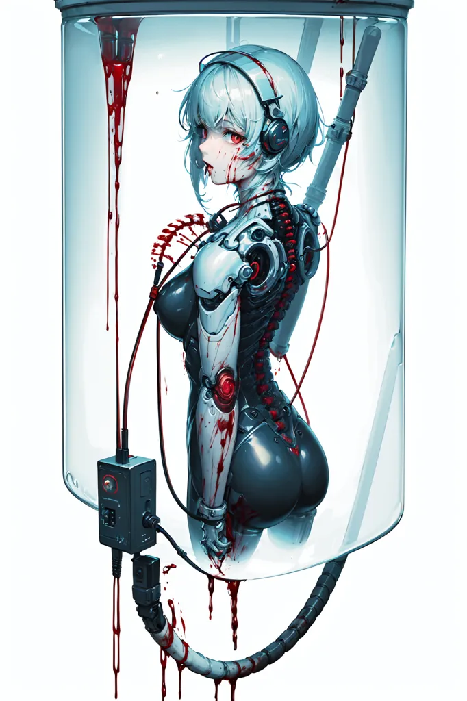 The image depicts a female cyborg with white hair and red eyes. She is wearing a black bodysuit with a red core exposed in her chest. Multiple cables and tubes are connected to her body. She is standing in a glass tube filled with a red liquid.