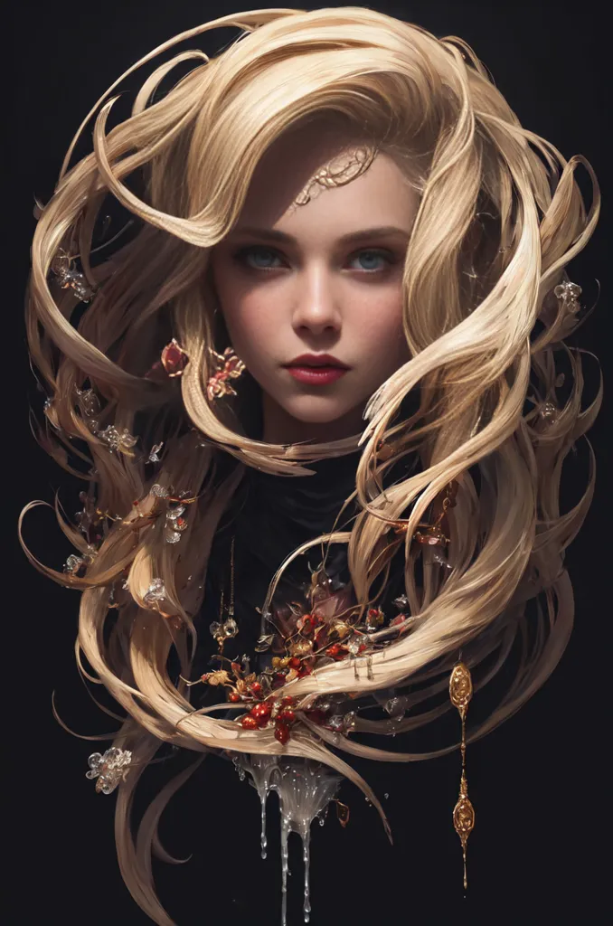 L'image est un portrait d'une belle femme aux longs cheveux blonds ondulants. Ses yeux sont d'un bleu profond et ses lèvres sont d'un rose tendre. Elle porte une robe noire avec un décolleté en cœur. Des fleurs et des vignes poussent autour de son cou et de ses épaules. L'arrière-plan est de couleur sombre, ce qui fait ressortir les cheveux et la peau de la femme. L'image est très détaillée et l'expression de la femme est à la fois sereine et mystérieuse.