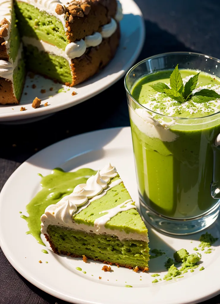 The image shows a matcha cake and a matcha drink. The cake is covered in matcha frosting and has a white chocolate drizzle, and is served on a white plate. The drink is a matcha green tea latte, and is served in a clear glass with a mint leaf garnish. The background is black.