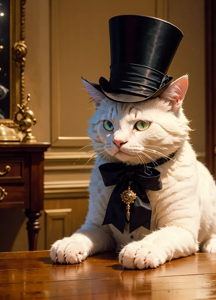 A white cat wearing a black top hat and a black bow tie is sitting on a wooden table. The cat is looking to the right of the frame. There is a wooden cabinet and a mirror in the background.