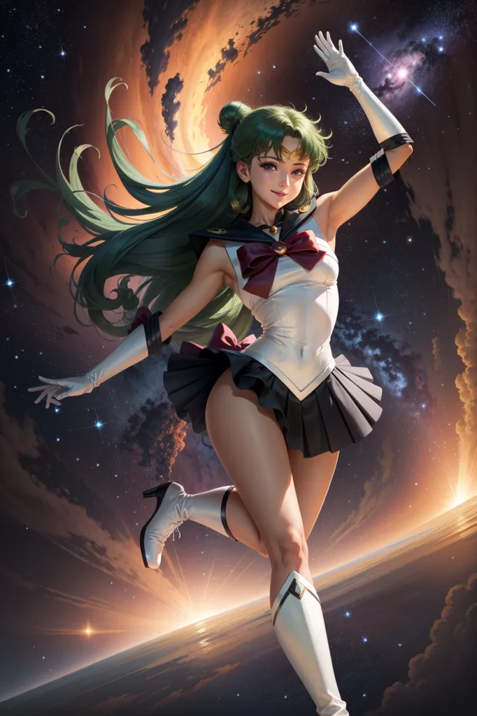 The image shows a young woman with long green hair wearing a white and black sailor suit-style outfit with a red bow at the collar. She is standing in front of a starry night sky with a planet in the background. She has her arms outstretched and is smiling.