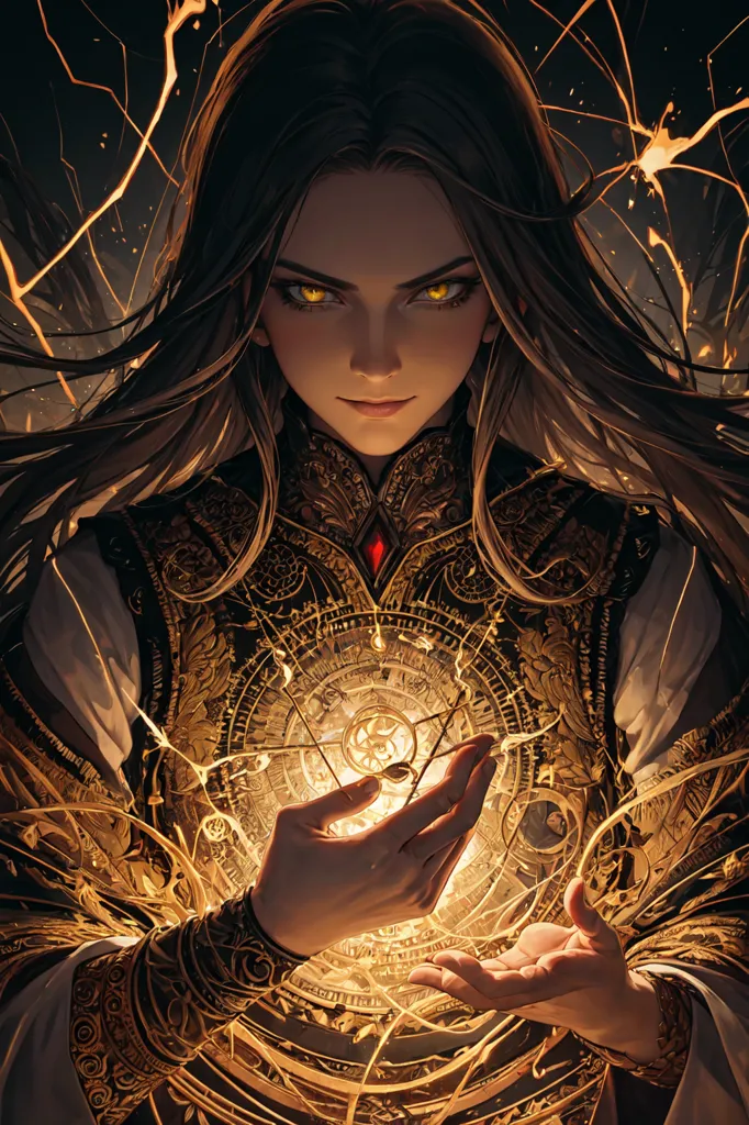 This is an image of a dark-haired woman in an ornate gold and red outfit. She has yellow eyes and is holding a glowing yellow orb in her hands. She is surrounded by dark energy and has a serious expression on her face.