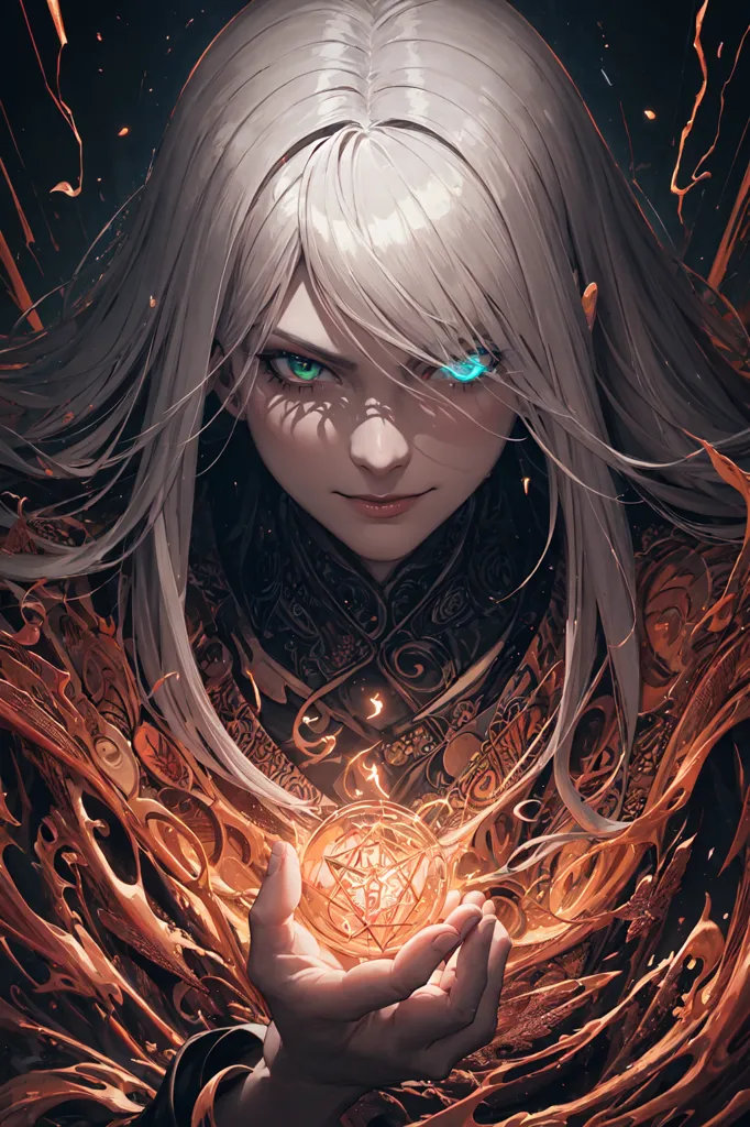 The image is of a woman with long white hair and green eyes. She is wearing a black and gold dress with a white fur collar. She is holding a glowing orb in her hand. There are flames coming up from the bottom of the picture, surrounding her. She has a stern look on her face.