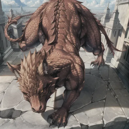 The image shows a large, brown dragon with a long tail and a mane of fur around its neck. It is standing on a stone parapet, and there is a city in the background. The dragon is crouched down, and its eyes are narrowed. Its scales are a deep brown color, and its claws are long and sharp. The dragon's wings are folded against its back, and its tail is curled up behind it. The city in the background is made up of tall buildings, and there are mountains in the distance.
