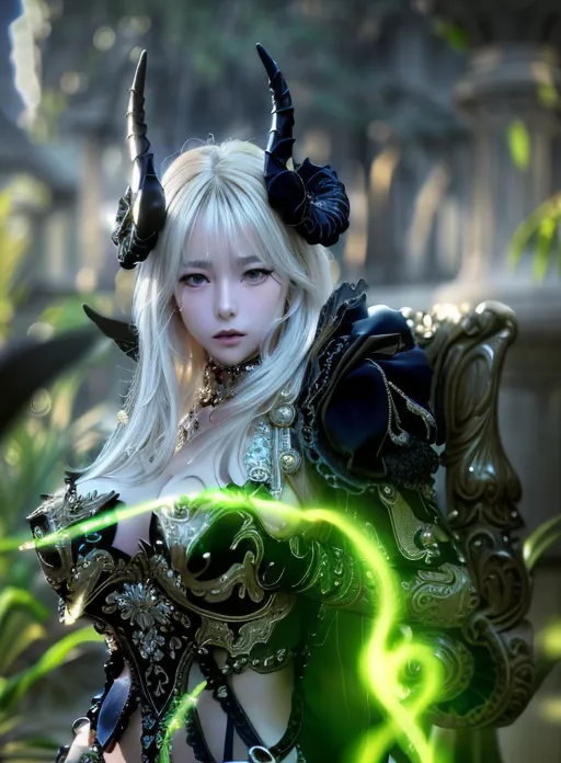 The image shows a beautiful woman with long blonde hair, black horns, and pointed ears. She is wearing a black and green dress with gold trim. She has a serious expression on her face and is looking at the viewer. She is standing in a dark forest, and there is a green glow around her hands.