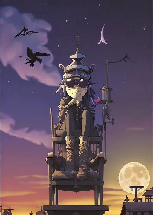 The image is of a young woman sitting on a chair on a rooftop. She is wearing a black jacket, a white shirt, and a black hat. She has her hands together in her lap and is looking out at the city. The sky is dark and there are two moons in the sky. There are also some birds flying in the sky. The city is in the background and is made up of tall buildings.