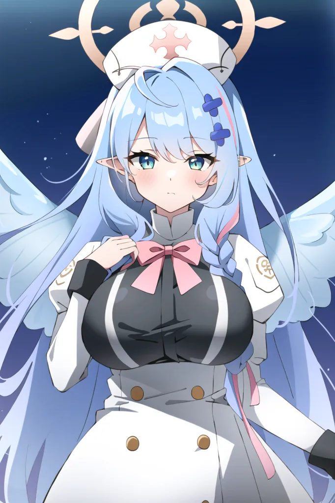 The image is of a beautiful anime girl with long blue hair and green eyes. She is wearing a white and black dress with a pink bow. She has a halo above her head and is surrounded by a blue background with stars.